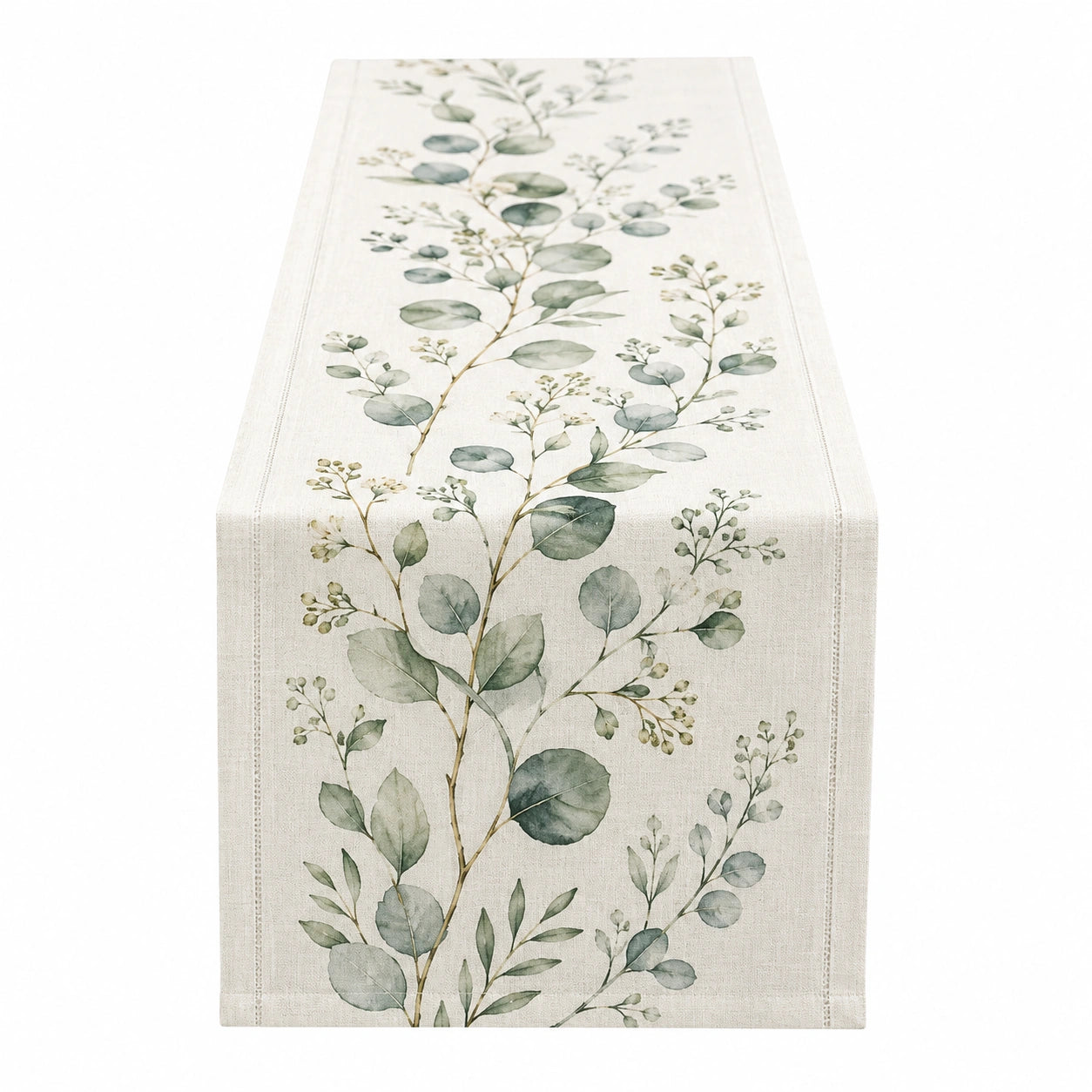 Runner da tavola beige e verde con foglie di eucalipto