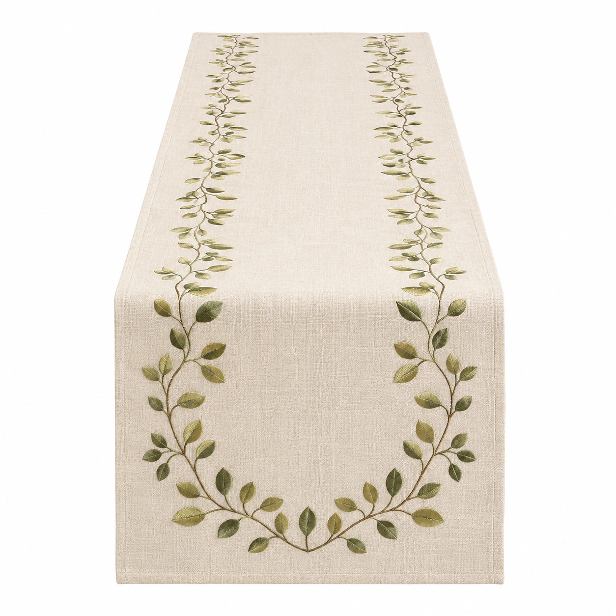 Runner da Tavola Beige con Motivo Foglie Verdi