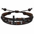 Bracciale Multistrato in Pelle con Croce e Perline Marrone/Nero