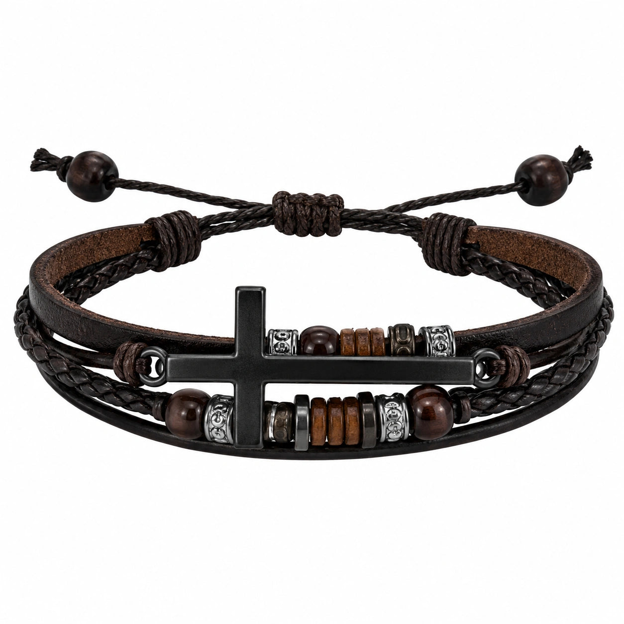 Bracciale Multistrato in Pelle con Croce e Perline Marrone/Nero