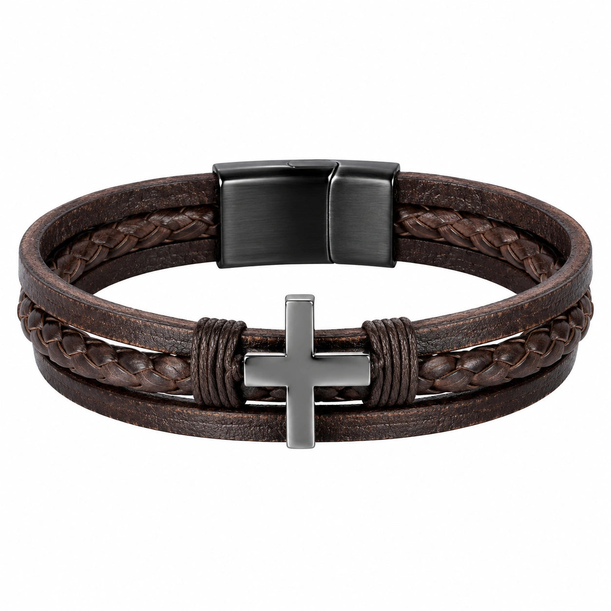 Bracciale Intrecciato con Croce in Nero e Marrone