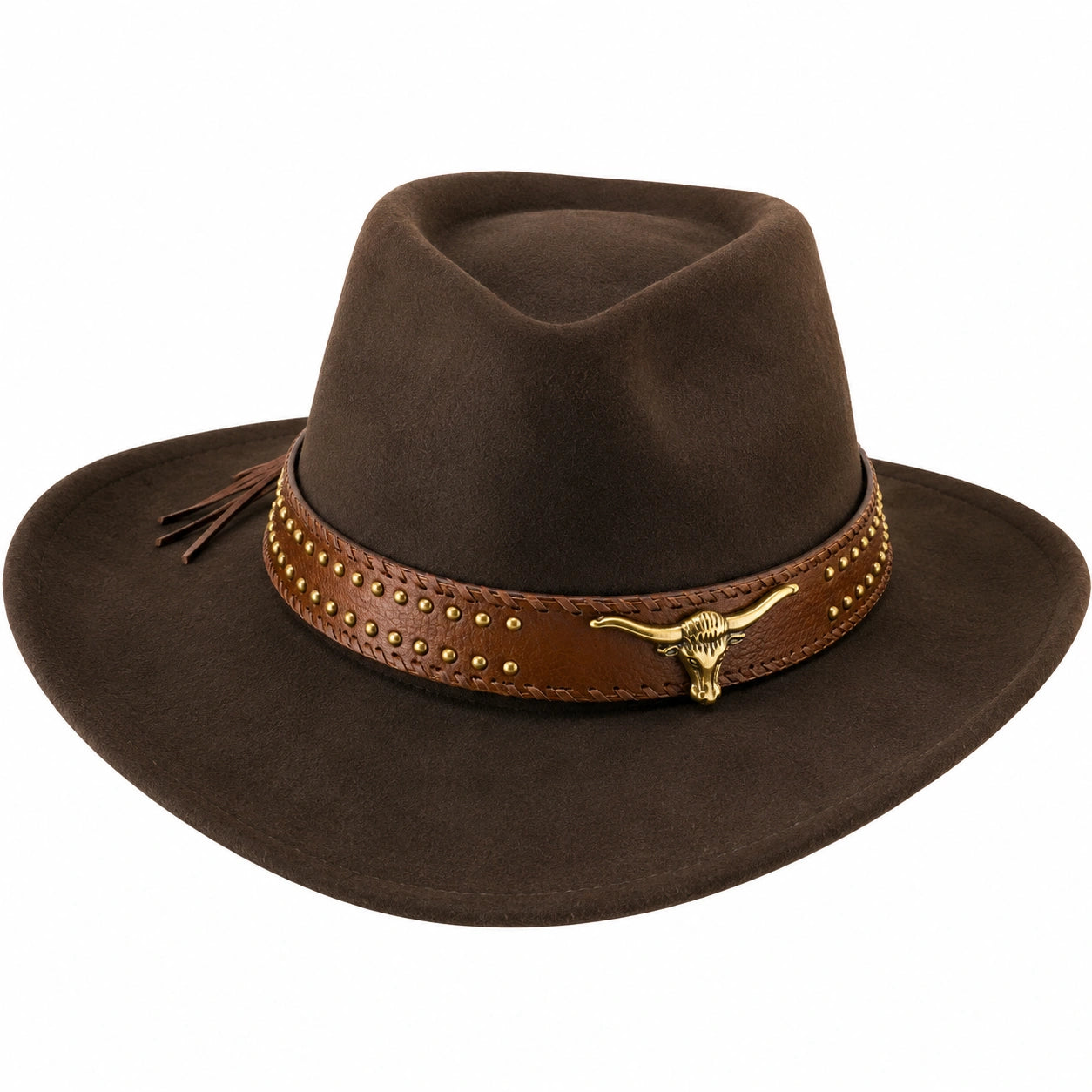 Cappello Western in Felpa Marrone con Dettagli Decorativi