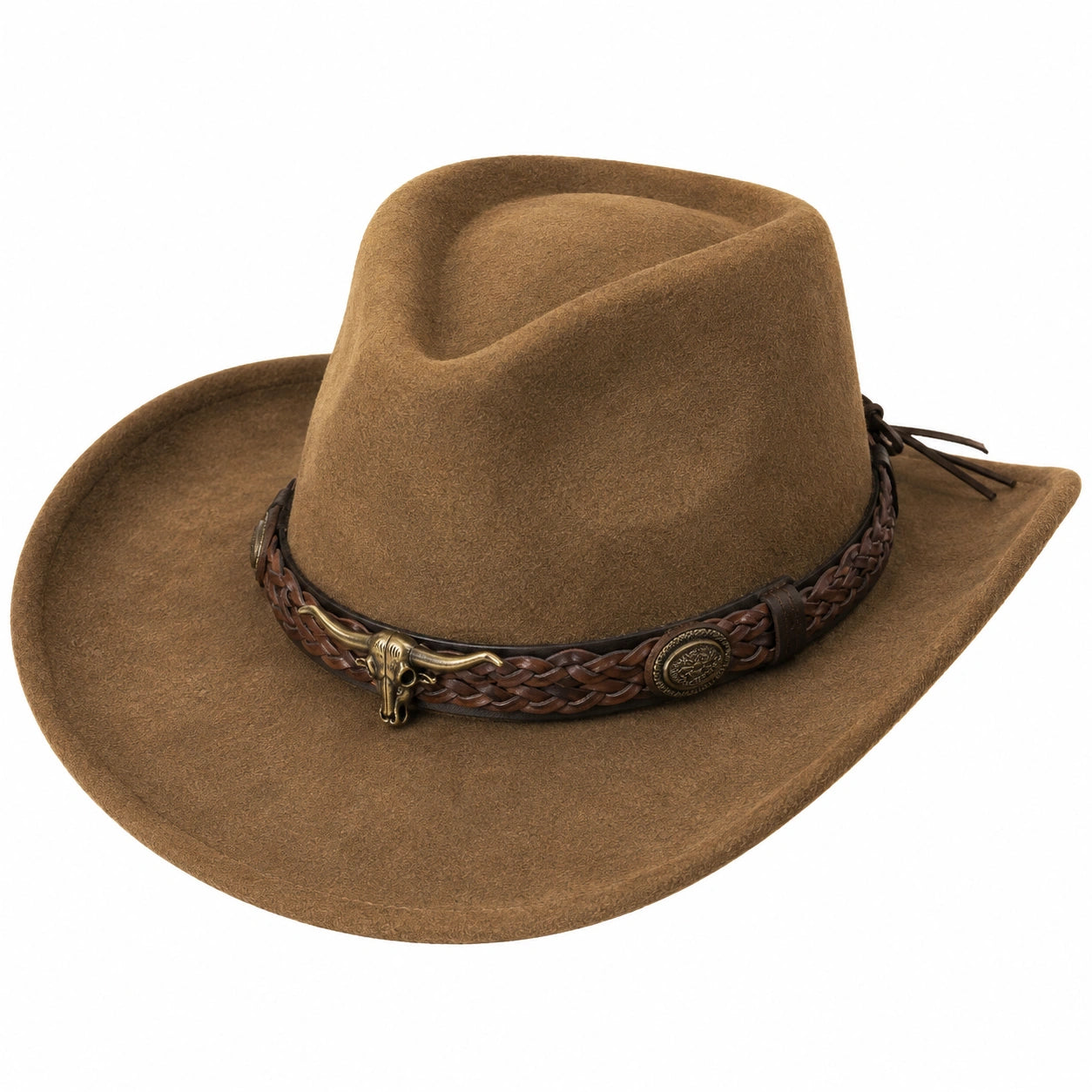 Cappello da Cowboy Marrone in Feltro con Dettagli in Cuoio Intrecciato