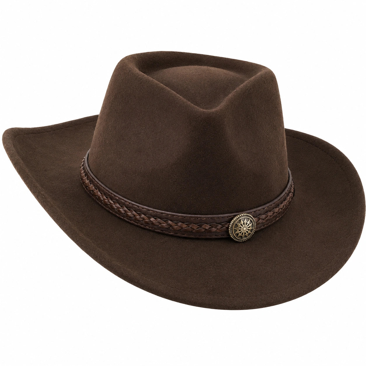 Cappello da Cowboy in Feltro Marrone con Fascia Intrecciata