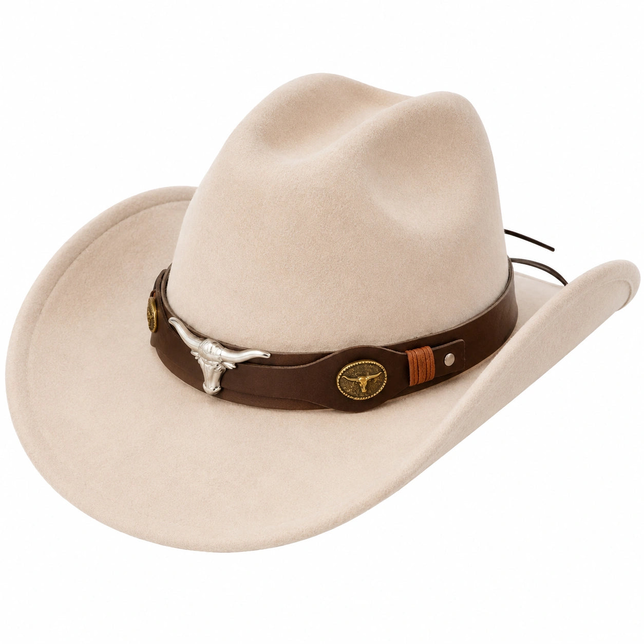 Cappello da Cowboy in Feltro Beige con Decorazione Metallo