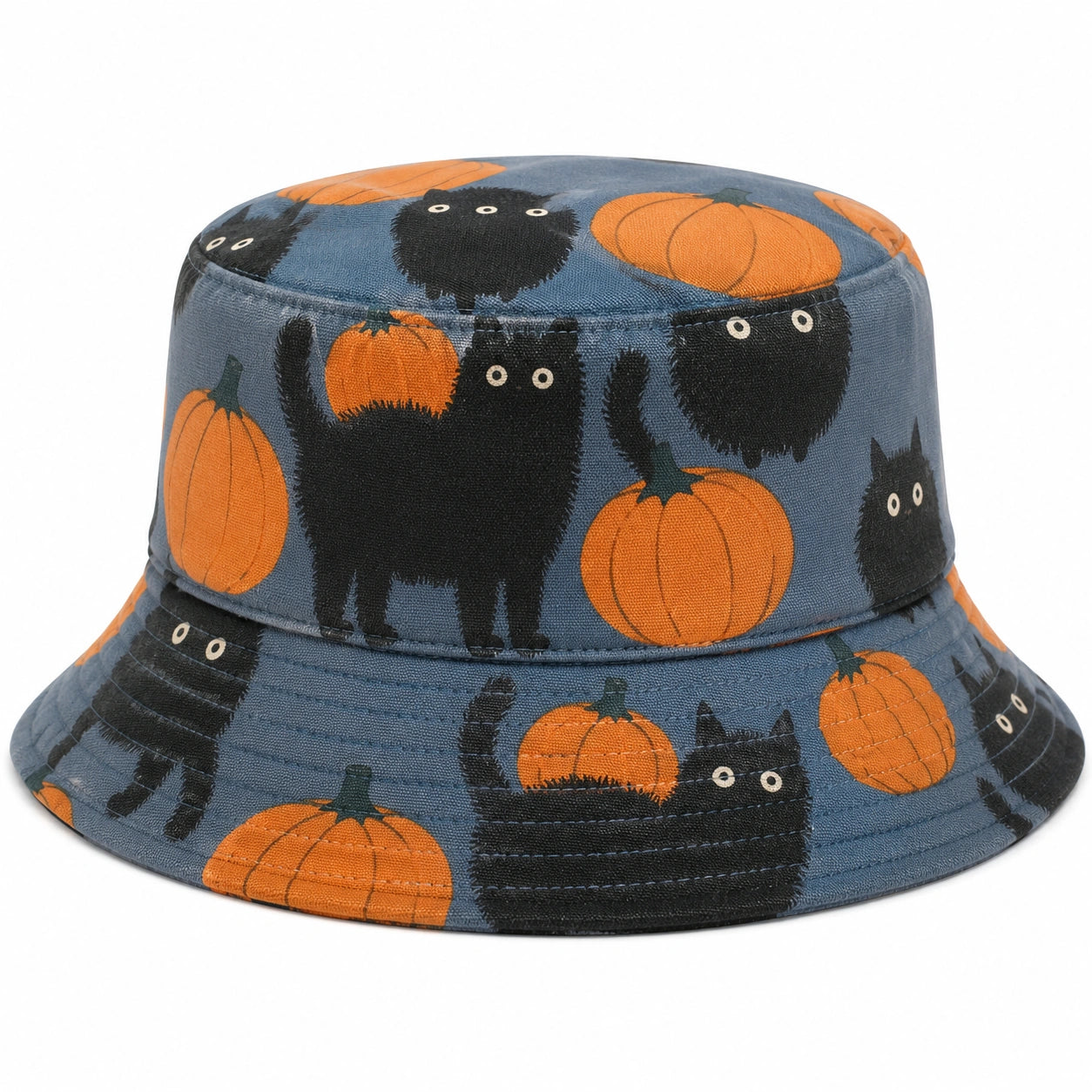 Cappello Bucket con Gatti Neri e Zucche, Blu Arancione