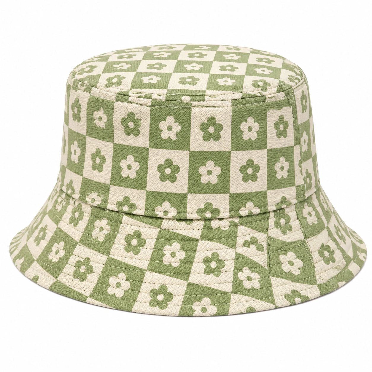 Cappello a secchiello a scacchi floreali verde e beige