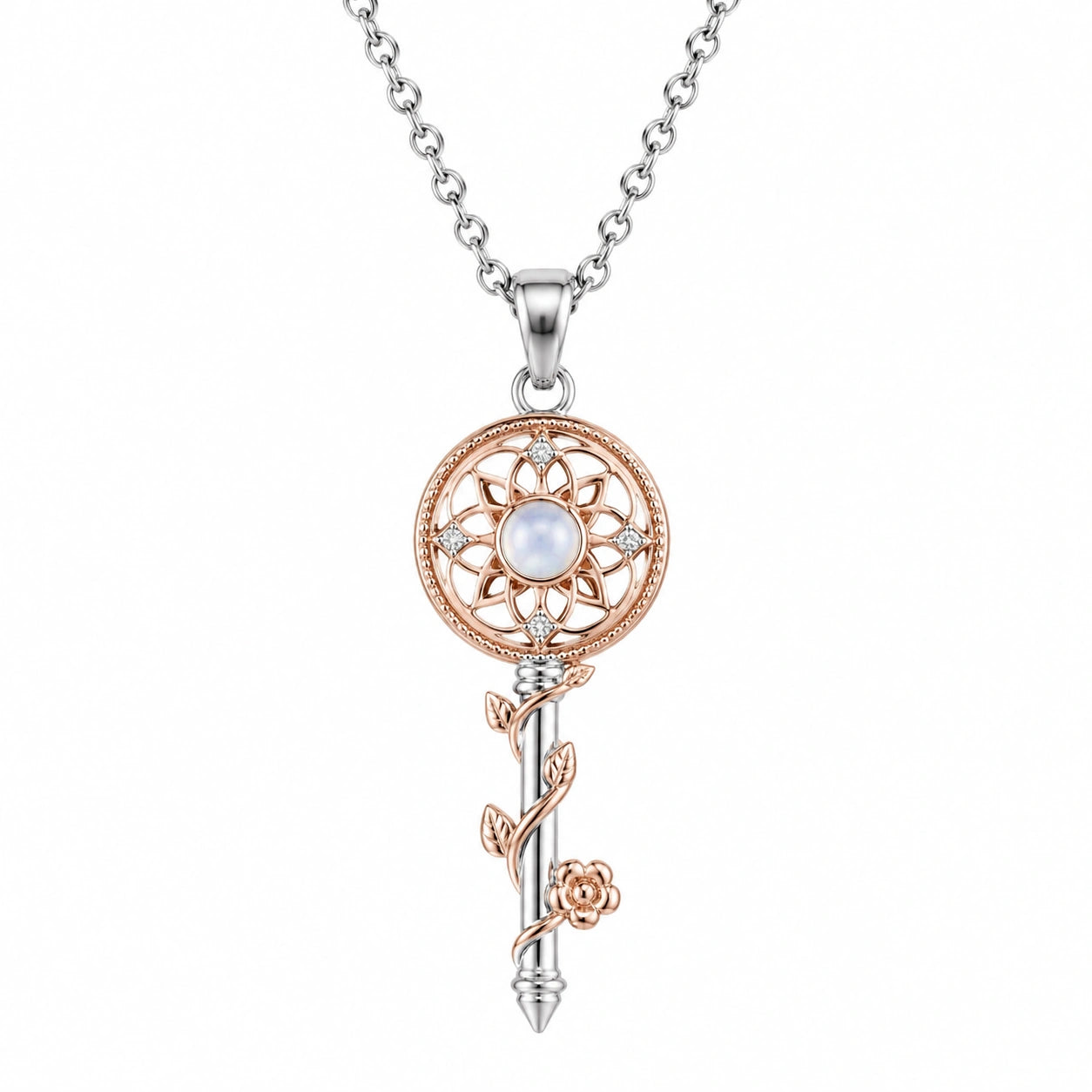 Collana Pendente Chiave in Oro Rosa e Argento con Pietra Centrale
